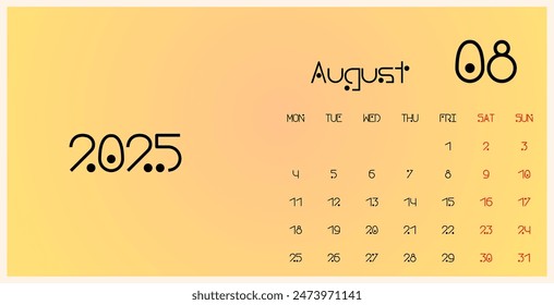 August 2025 template calendar. Trendy gradient background. The week begins on Monday. Ideal for planners, desk calendars, wall calendars, print media, advertisements, and office stationery