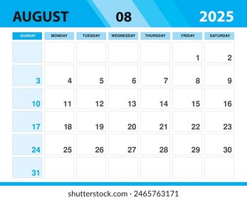 August 2025 template, Calendar 2025 template vector, planner monthly design, Desk calendar 2025, Wall calendar design, Minimal style, advertisement, poster, printing media, green background concept