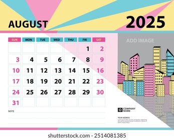 Agosto 2025 Plantilla - Calendario 2025 año de diseño, Calendario de escritorio 2025 año, Planificador, Semana comienza el domingo, Diseño de calendario de pared, Diseño de papelería, Vector de fondo vintage eps10