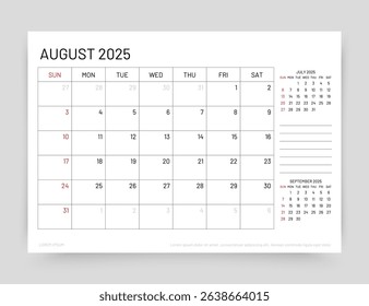 August 2025 year calendar. Week starts Sunday. Planner calender template. Table schedule grid. Timetable layout. Desk monthly organizer. Corporate diary. Vector simple illustration. Paper size A5