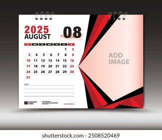 August 2025 year, Desk calendar 2025 template, Printable, Planner, Wall calendar design, Week starts on Sunday, Stationery design, Printing media, advertisement, calendar design vector illustration