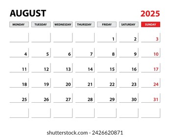 August 2025 year planner template, calendar 2025 template, monthly and yearly planners. organizer diary. week start monday, corporate planner template, Desk calendar 2025, Horizontal layout, vector