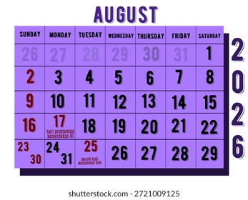 August 2026 calendar concept. AUgust calendar template. Vector illustration