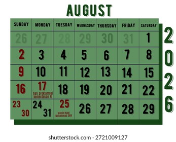 August 2026 calendar concept. AUgust calendar template. Vector illustration