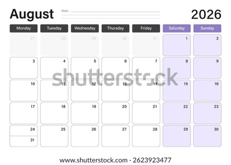 August 2026 calendar or desk planner in soft gray and purple colors with empty note lines, weeks start on Monday, vector illustration design