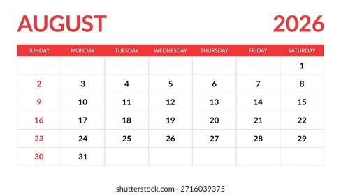 August 2026 calendar grid with red accents date