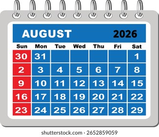 Grade de calendário de agosto de 2026, modelo de planejador mensal vetorial com design plano limpo, layout imprimível para agendamento