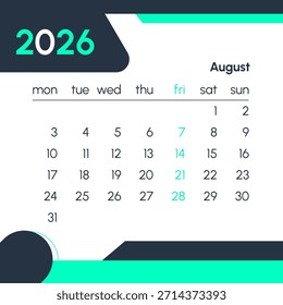Calendario de agosto de 2026 con fechas destacadas de viernes