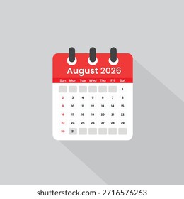 August 2026 Kalendersymbol-Vektorgrafik. Professional Monthly Planner Illustration — Professional August 2026 Kalender Symbol Vektorgrafik für Geschäftsplanung und Büroplanung.