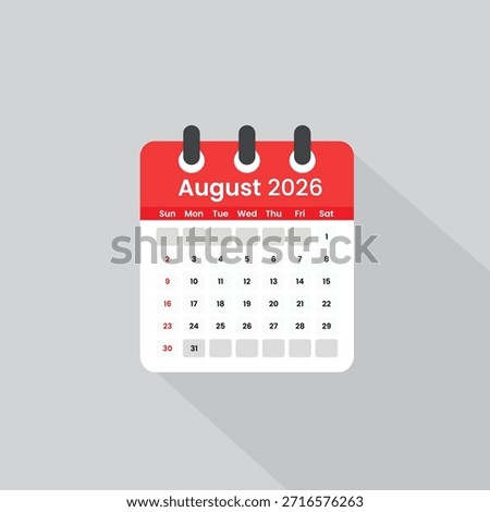 August 2026 Calendar Icon Vector. Professional Monthly Planner Illustration — Professional august 2026 calendar icon vector illustration for business planning and office scheduling.