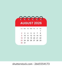 August 2026 Calendar Leaf. Calendar 2026 in flat style vector stock illustration.