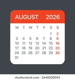 August 2026 Calendar Leaf - Illustration. Vector graphic page