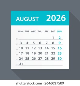 agosto 2026 Calendar Leaf - Illustration. Página de gráfico vetorial