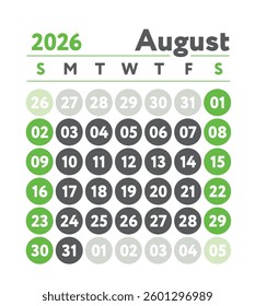 August 2026 calendar. New year planner design. English calender. Green color vector template. Week starts on Sunday. Business planning. 