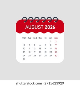 Página del calendario de agosto de 2026 con diseño en rojo y blanco
