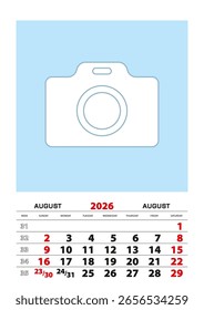 agosto 2026 calendário planejador A3 tamanho com lugar para sua foto. Planejador vetorial.