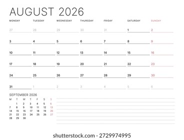 August 2026 calendar planner template. Week starts on Monday. Minimalist and clean design for corporate scheduling and organization. Vector illustration for a printable agenda page