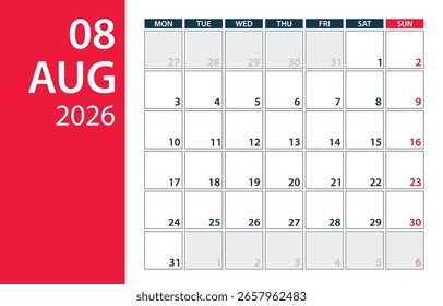 August 2026 Calendar Planner - Vector. Template Mock up