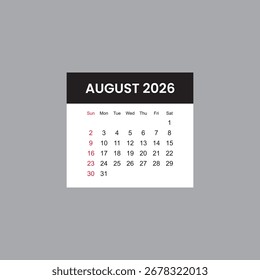 August 2026 Calendar Stock Vector. Week Start Sunday Corporate Design Planner Template.