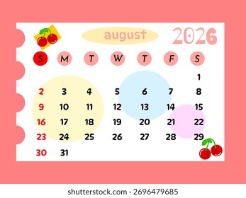 Kalendervorlagenentwurf August 2026. Kalender August 2026.