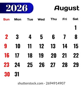 August 2026 calendar vector. Editable August 2026 calendar.