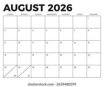 August 2026 Calendar. Week starts on Sunday. Blank Calendar Template. Fits Letter Size Page. Stationery Design.
