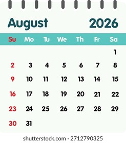 Kalander August 2026. Sonntagsstart. Vektorgrafik. Einzeln auf weißem Hintergrund.