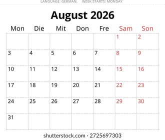 agosto 2026 calendário alemão planejador. Ilustração vetorial para a Alemanha
