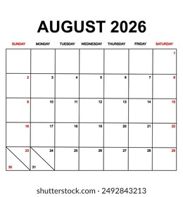 august 2026 with holydays or red dates. monthly calendar design with week starts on sunday. printable, simple, and clean vector design isolated on white background.