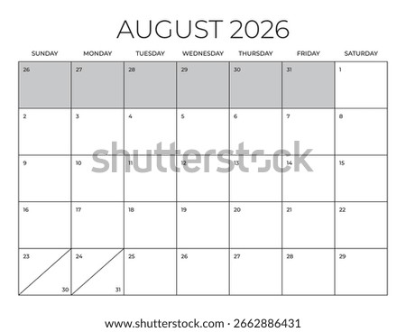August 2026 Letter Size Office Calendar. Blank Calendar Template. Home Office Monthly Planner.