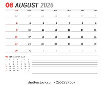 agosto 2026 Modelo de calendário mensal para planejamento e organização suporta organização clara de compromissos com estrutura simples. A semana começa no domingo. Adequado para equipes híbridas