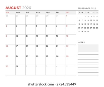 Agosto 2026 Calendario Mensual La Plantilla mejora la gestión del tiempo con líneas en blanco minimalistas, ideales para la planificación y la productividad en entornos empresariales, simples y modernos, Ilustración vectorial
