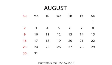 Plantilla de Vector del calendario mensual de agosto de 2026 (planificador de verano tardío, diseño de horario de negocios minimalista)