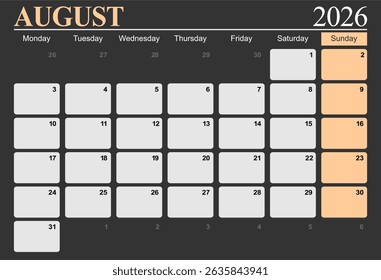August 2026 monthly desk calendar for 2026 year, The week start on monday, EPS file vector.