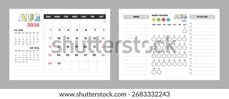 August 2026 printable calendar set with planner, memo, to-do list, and mood tracker. Great for students and office use.