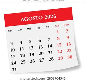 August 2026 Spanish calendar page – Agosto. Monthly paper planner for Spain
