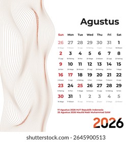 August 2026 Weton calendar marks Indonesia’s cultural pride, syncing national identity with ancient Javanese cycles in a serene layout.