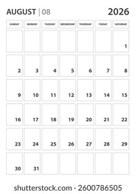 August 2026 year planner template. calendar 2026 year. Black and white monthly and yearly planners. Business planner minimal concept. Desk calendar 2026 year. Week Starts on Sunday, wall calendar.