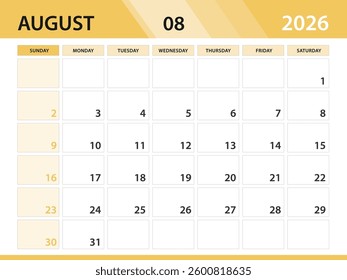 August 2026 year template, Calendar 2026 design vector, Desk calendar 2026, planner monthly design, Wall calendar, Minimal style, poster, Week Starts on Sunday, printing media, yellow background