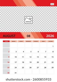 August 2026 year template, Calendar 2026 design vector, Desk calendar 2026, planner monthly design, Wall calendar, Vertical poster template, Week Starts on Sunday, printing media, red background