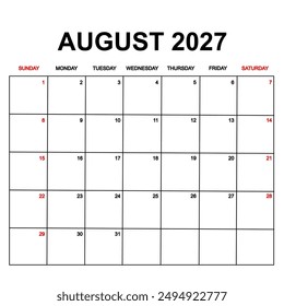 august 2027 calendar with holydays or red dates. monthly calendar design with week starts on sunday. printable, simple, and clean vector design isolated on white background.