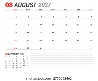 Plantilla del calendario de agosto de 2027. La semana comienza el lunes. Diseño minimalista y limpio para la programación y organización corporativa. Ilustración vectorial de una página del orden del día para imprimir