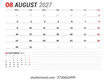 August 2027 calendar planner template. Week starts on Monday. Minimalist and clean design for corporate scheduling and organization. Vector illustration for a printable agenda page