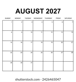 August 2027 calendar. Printable, simple, and clean calendar design. Week starts on Sunday.