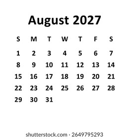 agosto de 2027. design de calendário mensal. semana começa no domingo. design de vetor imprimível, editável, simples e limpo isolado no fundo branco.