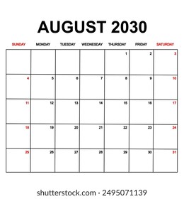 august 2030. Calendar with holydays or red dates. monthly calendar design with week starts on sunday. printable, simple, and clean vector design isolated on white background.