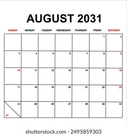 august 2031. Calendar with holydays or red dates. monthly calendar design with week starts on sunday. printable, simple, and clean vector design isolated on white background.