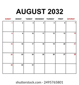 august 2032. Calendar with holydays or red dates. monthly calendar design with week starts on sunday. printable, simple, and clean vector design isolated on white background.