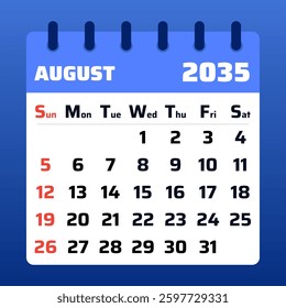 August 2035 Calendar Layout. Vector Illustration of a Bright August Planner. Flat design