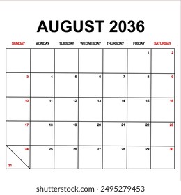 august 2036. Calendar with holydays or red dates. monthly calendar design with week starts on sunday. printable, simple, and clean vector design isolated on white background.